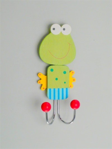 Fr� b�rneknage m. 2 forkromede kroge, malet tr� m. oph�ngsbeslag p� bagsiden. 