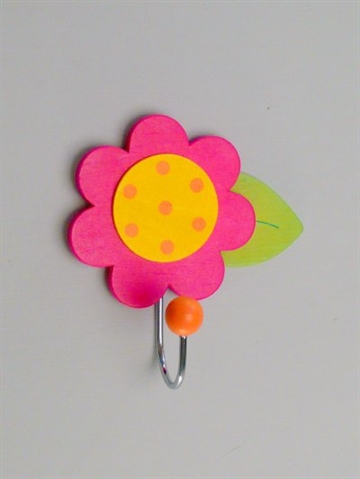 Blomst - b�rneknage m. 1 forkromet krog, malet tr� m. oph�ngsbeslag p� bagsiden.