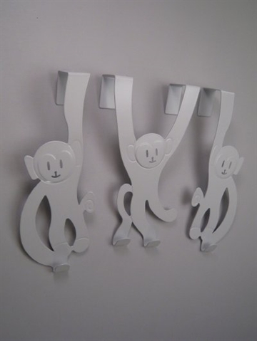Monkey - knages�t a 3, hvid emaljeret jernblik, til at h�nge over d�r.