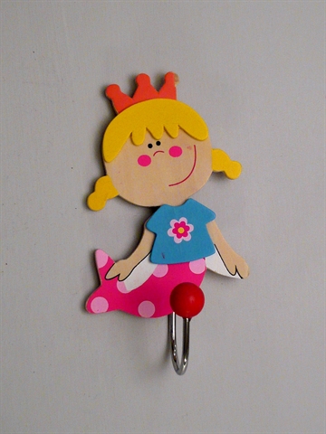 Den lille havfrue prinsesse - b�rneknage m. 1 forkromet krog, malet tr� m. oph�ngsbeslag p� bagsiden.