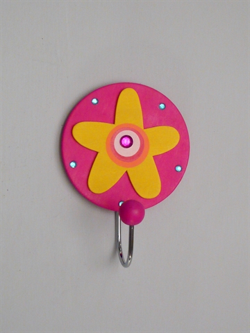 Sol - b�rneknage m. 1 forkromet krog, malet tr� m. farvede sten og oph�ngsbeslag p� bagsiden.