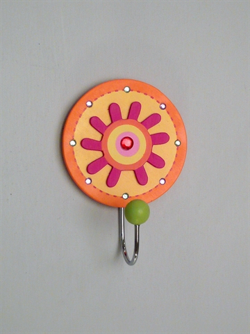 Sol - b�rneknage m. 1 forkromet krog, malet tr� m. farvede sten og oph�ngsbeslag p� bagsiden.