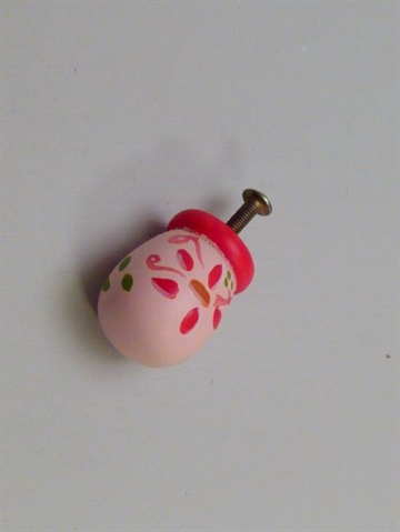 H�nddekoreret tr�knop, pink og r�d m. store blomster, mellemstor.