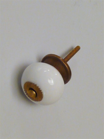 Hvid porcel�nsknop m. forgyldt metal, stor.