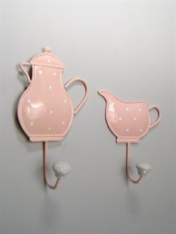 Kaffe og fl�dekande - knages�t m. hvide  porcel�nsknopper, lyser�d emaljeret jernblik m. hvide prikker.