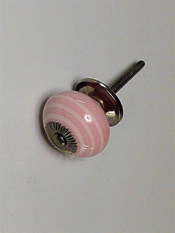 Rosa porcel�nsknop m. hvide striber og m�rkpatineret krom, stor.