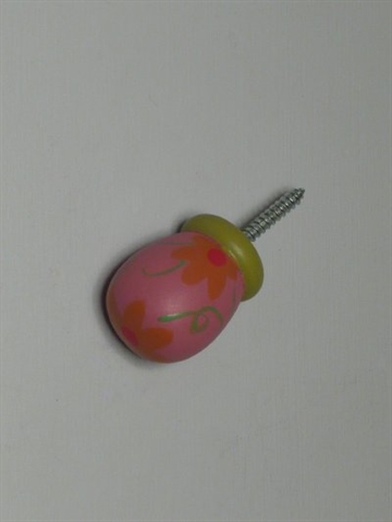 H�nddekoreret tr�knage knop, rosa og gr�n m. store r�de blomster, fast skrue, mellemstor - EGNET TIL V�G