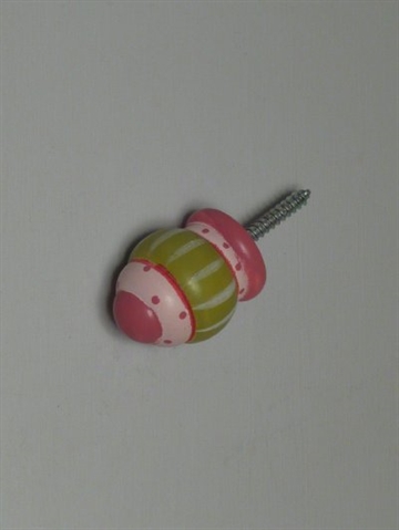 H�nddekoreret tr�knage knop, rosa og gr�n m. striber, fast skrue, mellemstor - EGNET TIL V�G.