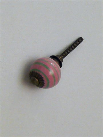 Rosa porcel�nsknop m. striber og patineret messing, lille.