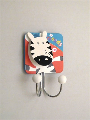 Zebra - b�rneknage m. 2 forkromede kroge, hovedet fungerer som klemme, malet tr� m. oph�ngsbeslag p� bagsiden.