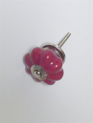 R�dlilla porcel�nsknop m. riller og blank forkromet metal, stor.