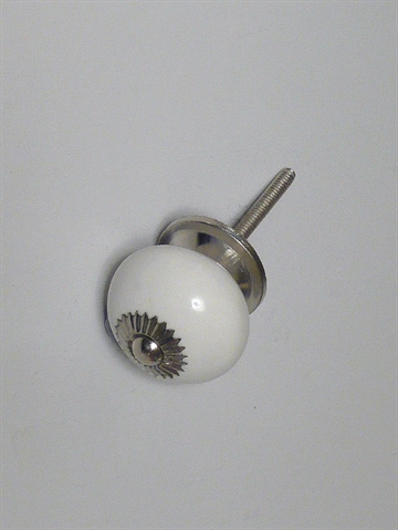 Hvid porcel�nsknop m. blank forkromet metal, stor.