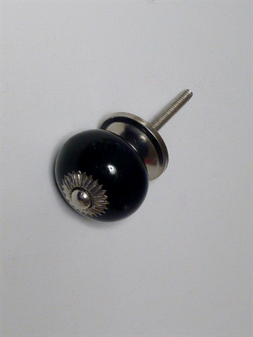 Sort porcel�nsknop m. blank forkromet metal, stor.
