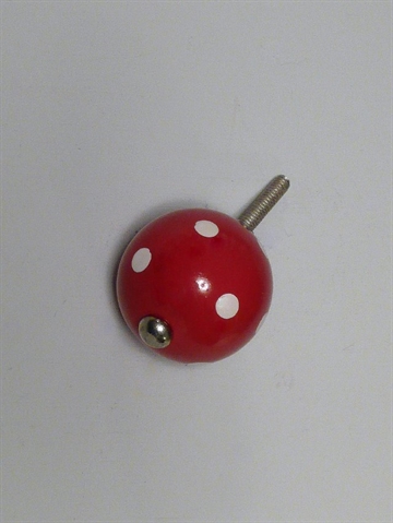 R�d lakeret kugle tr�knop m. hvide prikker og forkromet skrue, mellemstor.