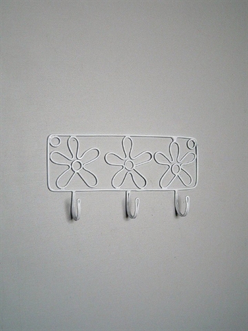 Blomster knager�kke i hvidlakeret metaltr�d m. 3 kroge.