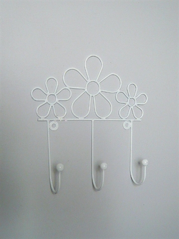 Blomster knager�kke i hvidlakeret metaltr�d m. 3 kroge