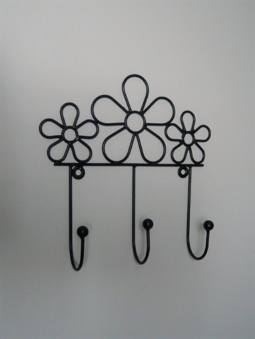 Blomster knager�kke i sortlakeret metaltr�d m. 3 kroge