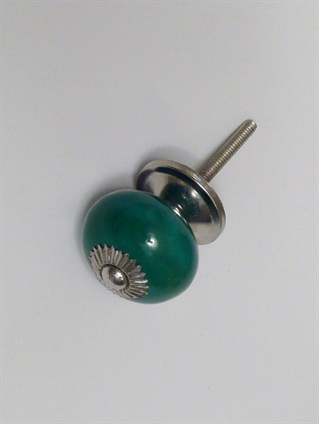 Gr�n porcel�nsknop m. blank forkromet metal, stor.