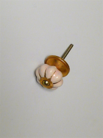 Rosa rillet porcel�nsknop m. guldstriber og forgyldt metal, lille.