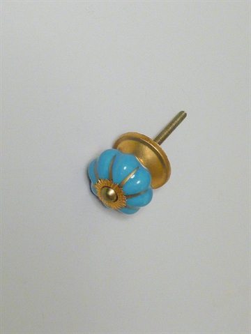 Lysebl� rillet porcel�nsknop m. guldstriber og forgyldt metal, lille.