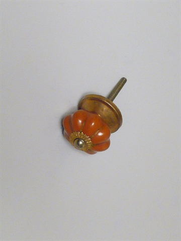 Orangebrun rillet porcel�nsknop m. guldstriber og forgyldt metal, lille.