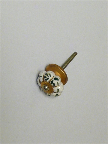 Hvid rillet porcel�nsknop m. gr�nt m�nster og guldstriber, forgyldt metal m. mat kromskrue, lille.