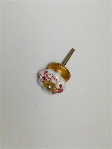 Hvid rillet porcel�nsknop m. r�dt m�nster og guldstriber, forgyldt metal m. mat kromskrue, lille.