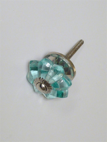 Vandbl� glasknop m. riller og blank forkromet metal, mellemstor.