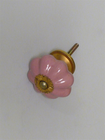 Rosa porcel�nsknop m. riller og forgyldt metal, stor.