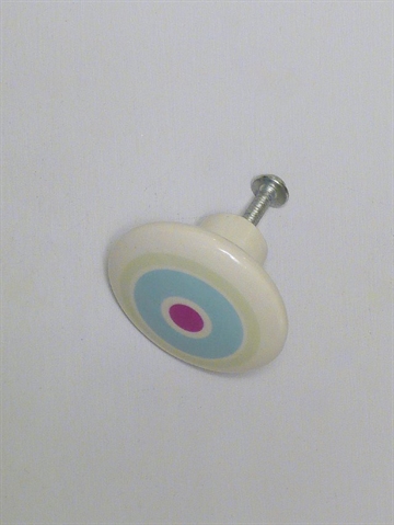 Hv�lvet knop, hvid porcel�n m. farvede striber og r�dlilla prik, mellemstr.