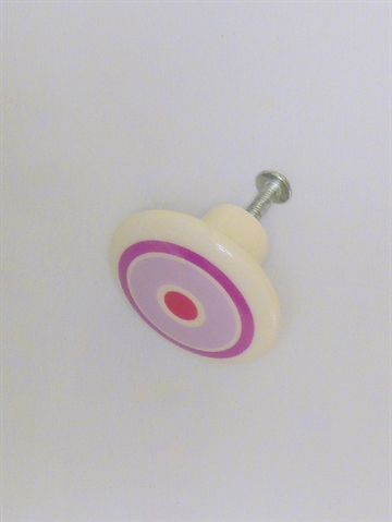 Hv�lvet knop, hvid porcel�n m. farvede striber og r�d prik, mellemstr.