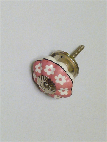Hvid og rosa porcel�nsknop m. riller og hvide blomster, blank forkromet metal, stor.