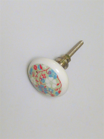 Hvid hv�lvet porcel�nsknop m. flerfarvede blomster p� lysegr�n bund og forkromet hals, stor.