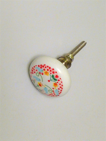 Hvid hv�lvet porcel�nsknop m. flerfarvede fugle/blomster og forkromet hals, stor.