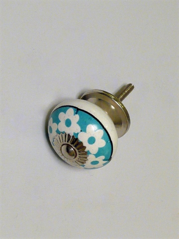Hvid og turkis porcel�nsknop m. hvide blomster, blank forkromet metal, stor.