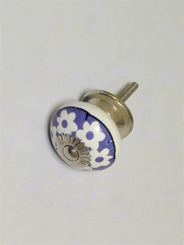 Hvid og lilla porcel�nsknop m. hvide blomster, blank forkromet metal, stor.