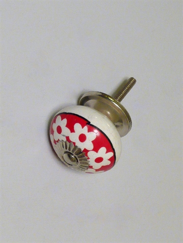 Hvid og r�d porcel�nsknop m. hvide blomster, blank forkromet metal, stor.