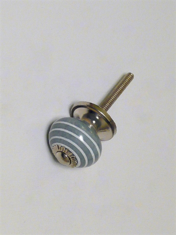 Gr� porcel�nsknop m. hvide striber og forkromet metal, lille.