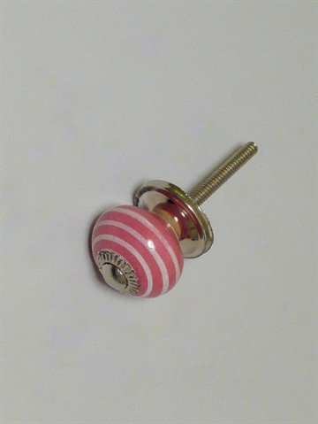 Rosa porcel�nsknop m. hvide striber og forkromet metal, lille.