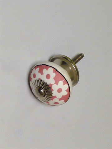 Hvid og rosa porcel�nsknop m. hvide blomster, blank forkromet metal, stor.