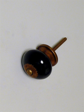 Sort porcel�nsknop m. m�rkpatineret forgyldt metal, stor.