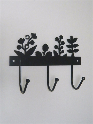 Silhuet knager�kke m. 3 kroge og blomster og blade, blank sortlak. kraftigt metal. 