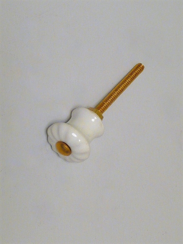 Hvid porcel�nsknop m. riller og forgyldt knop, mini.