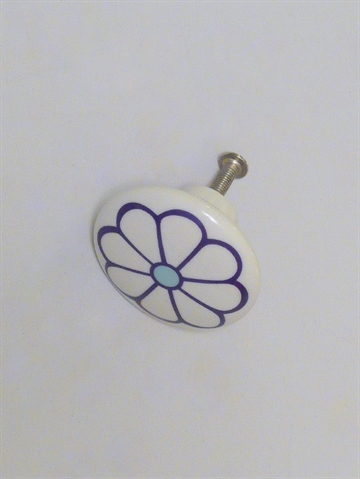 Hvid porcel�nsknop m. bl�lilla blomst.
