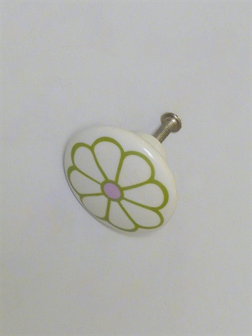 Hvid porcel�nsknop m. limegr�n blomst.