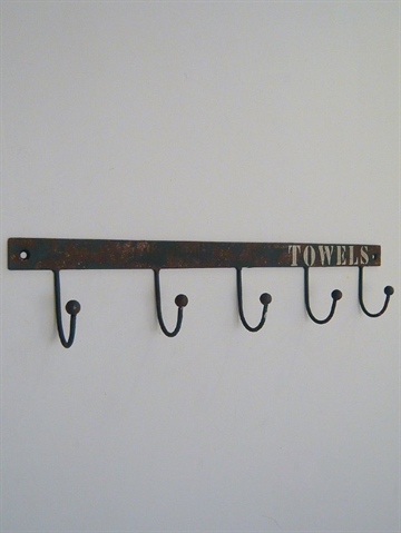 Rustik "Towel" knager�kke m. 5 kroge, sort/bl�/brun/hvid patineret jern.